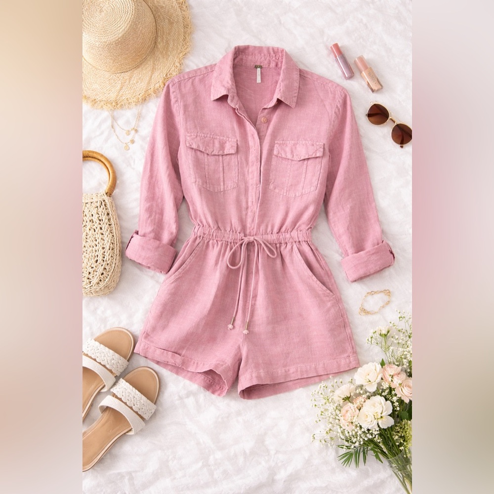 YFB Pink Linen Blend Button-Up Drawstring Romper Size S NWOT